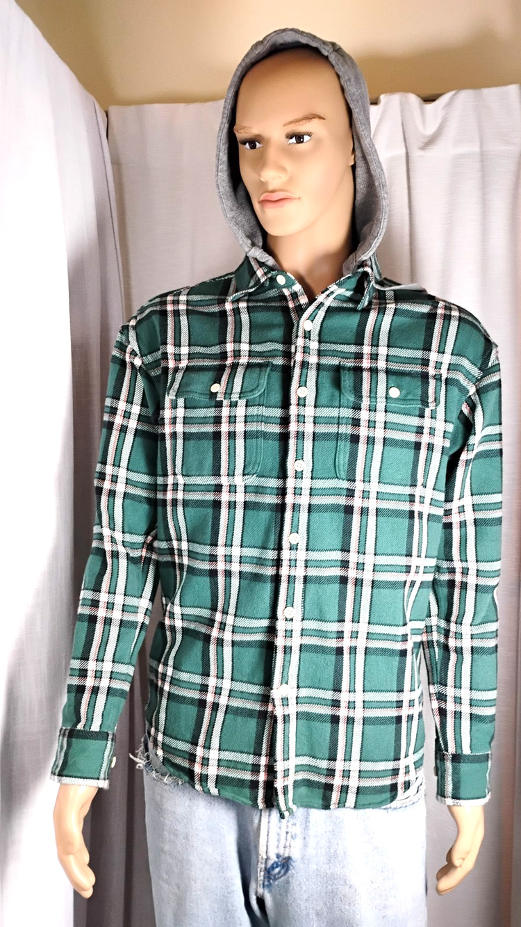 American Eagle Hooded Flannel Shirt Plaid Green Removable Hood Mens S